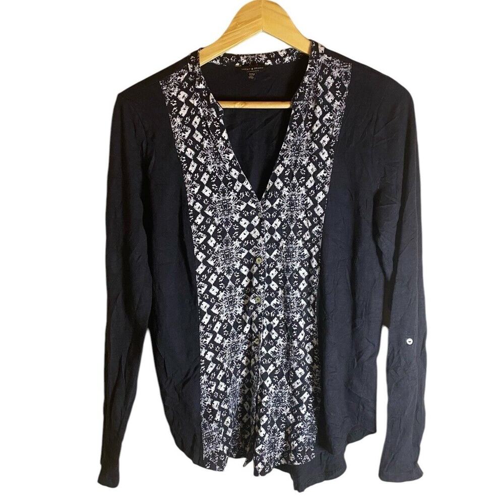 Lucky Brand Womens Black and White Floral Roll Tab Sleeve Button Down Blouse M